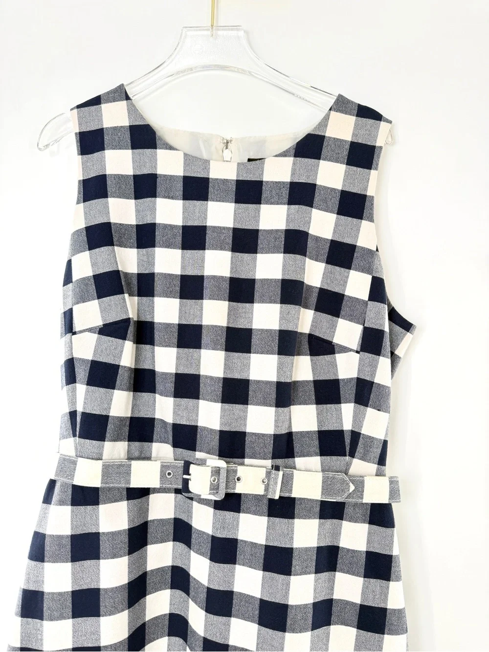 J. Crew Belted Gingham Sheath Dress in Bi-Stretch Cotton Navy and White Size 8